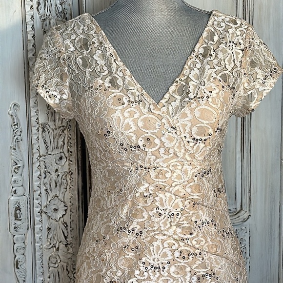 Scarlett Tan Lace and Sequins Short Sleeve Special Occassion Party Dress Size 6 - Picture 2 of 11